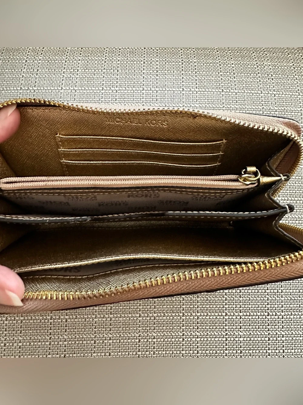 Michael Kors Brown Wallet Wristlet with Gold Center Panel